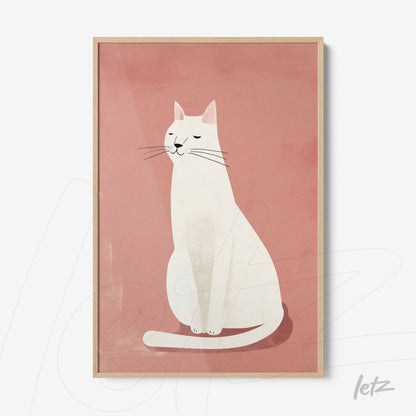 framed illustration of a white cat on pink background with light wood frame