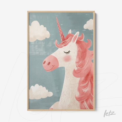 framed digital art of a smiling unicorn against a blue background with white clouds and light frame