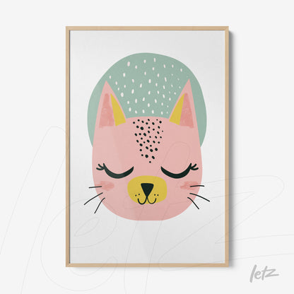 framed wall art featuring a pink cat illustration with closed eyes and a green hat