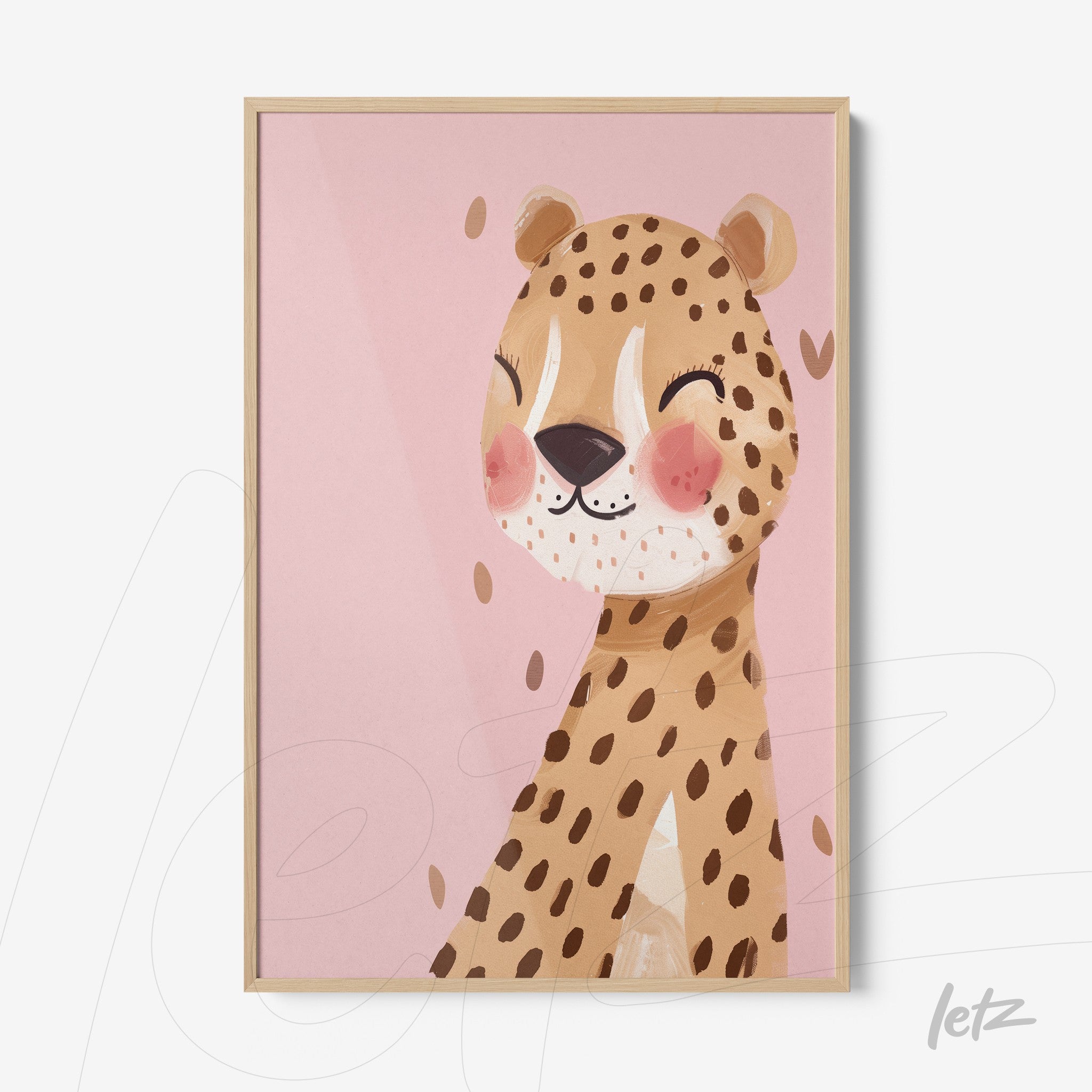 framed art of a cute leopard illustration on pink background with light wood frame