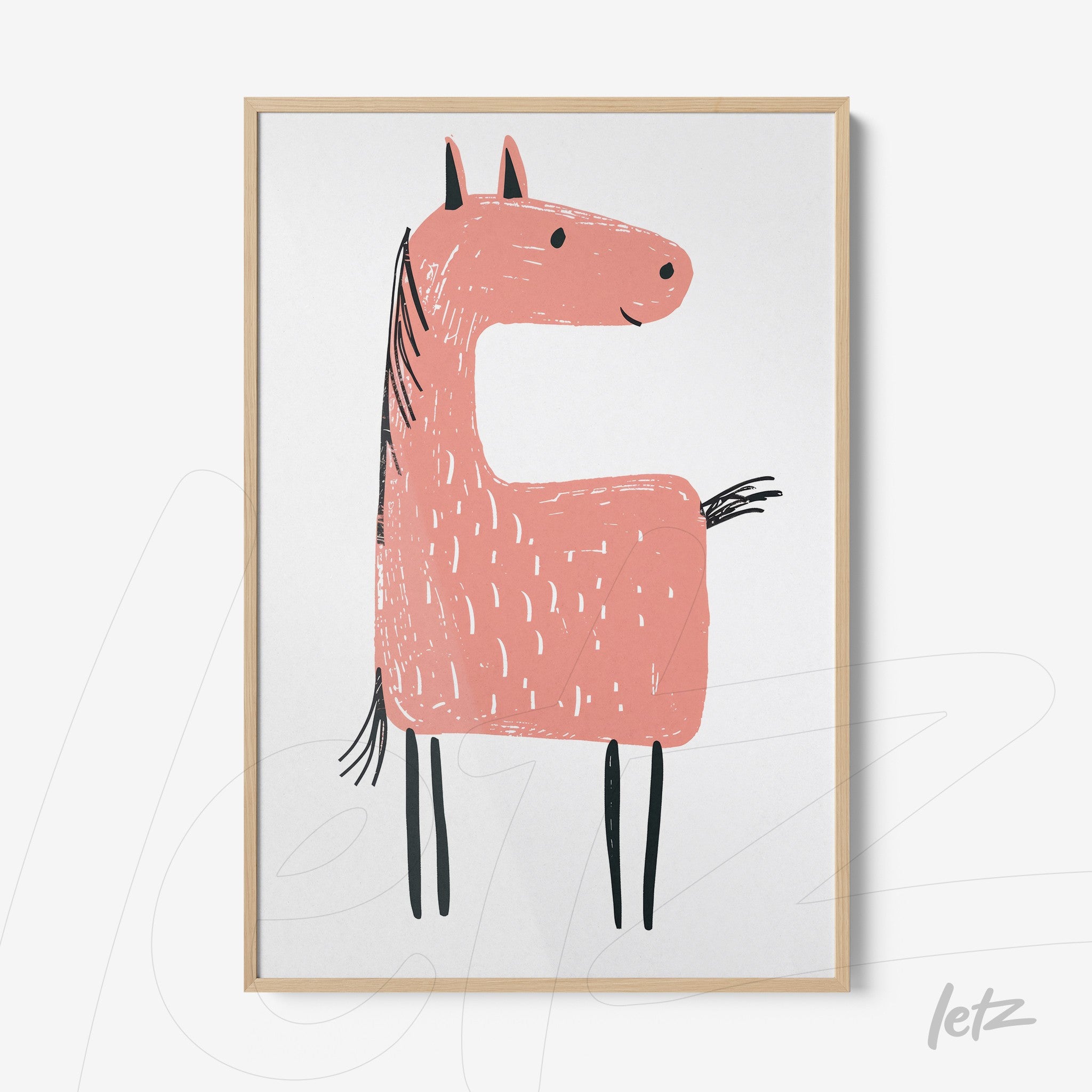 decorative wall art featuring a minimalist pink horse illustration in a light wood frame
