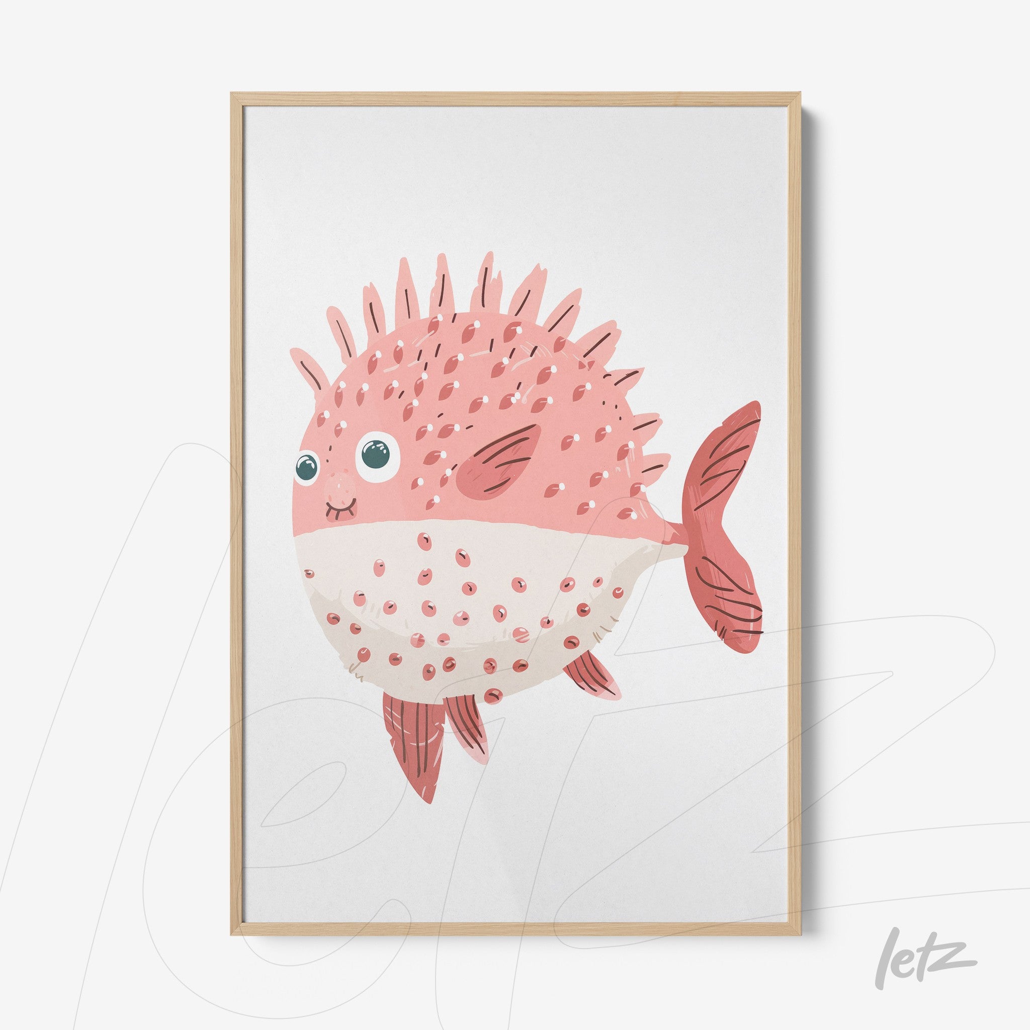 framed illustration of a cute pink pufferfish with spikes and large eyes in light wood frame