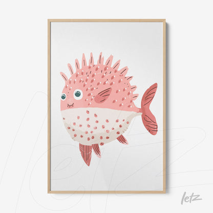 framed illustration of a cute pink pufferfish with spikes and large eyes in light wood frame