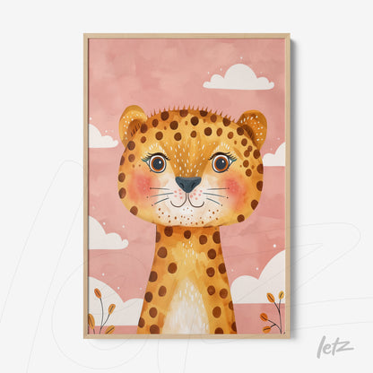 framed wall art of a smiling leopard on a pink background with white clouds
