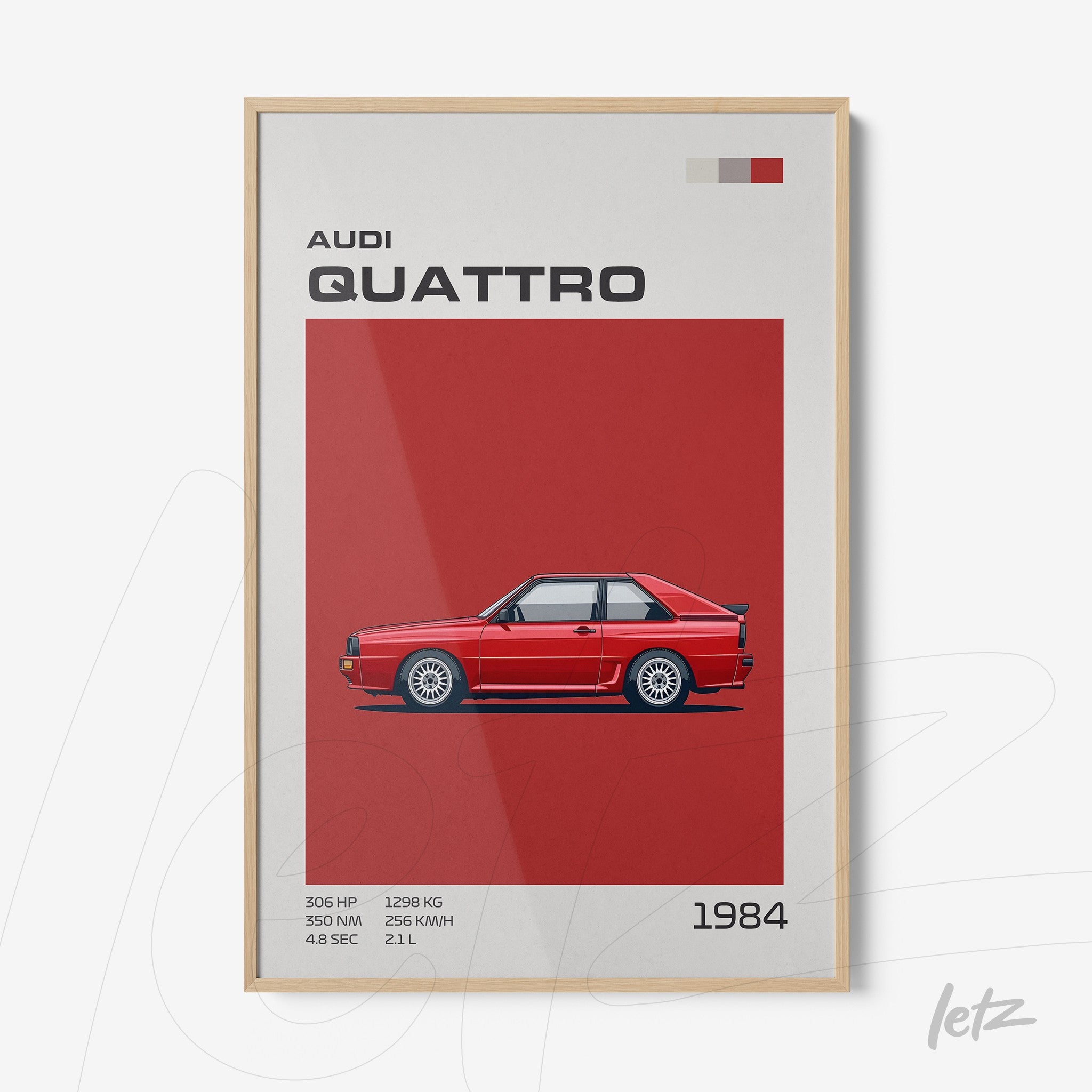 framed wall art featuring an illustration of the 1984 Audi Quattro with a light wood frame