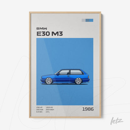 framed digital art of the BMW E30 M3 in blue background with light wood frame