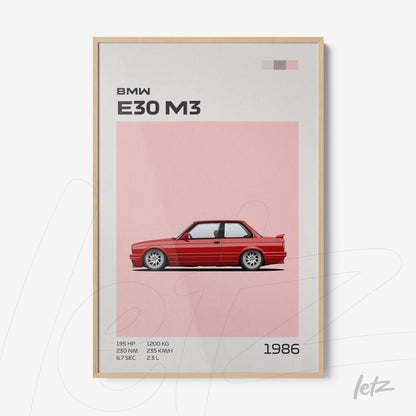 decorative wall art featuring an illustration of the BMW E30 M3 on a pink background with a light wooden frame