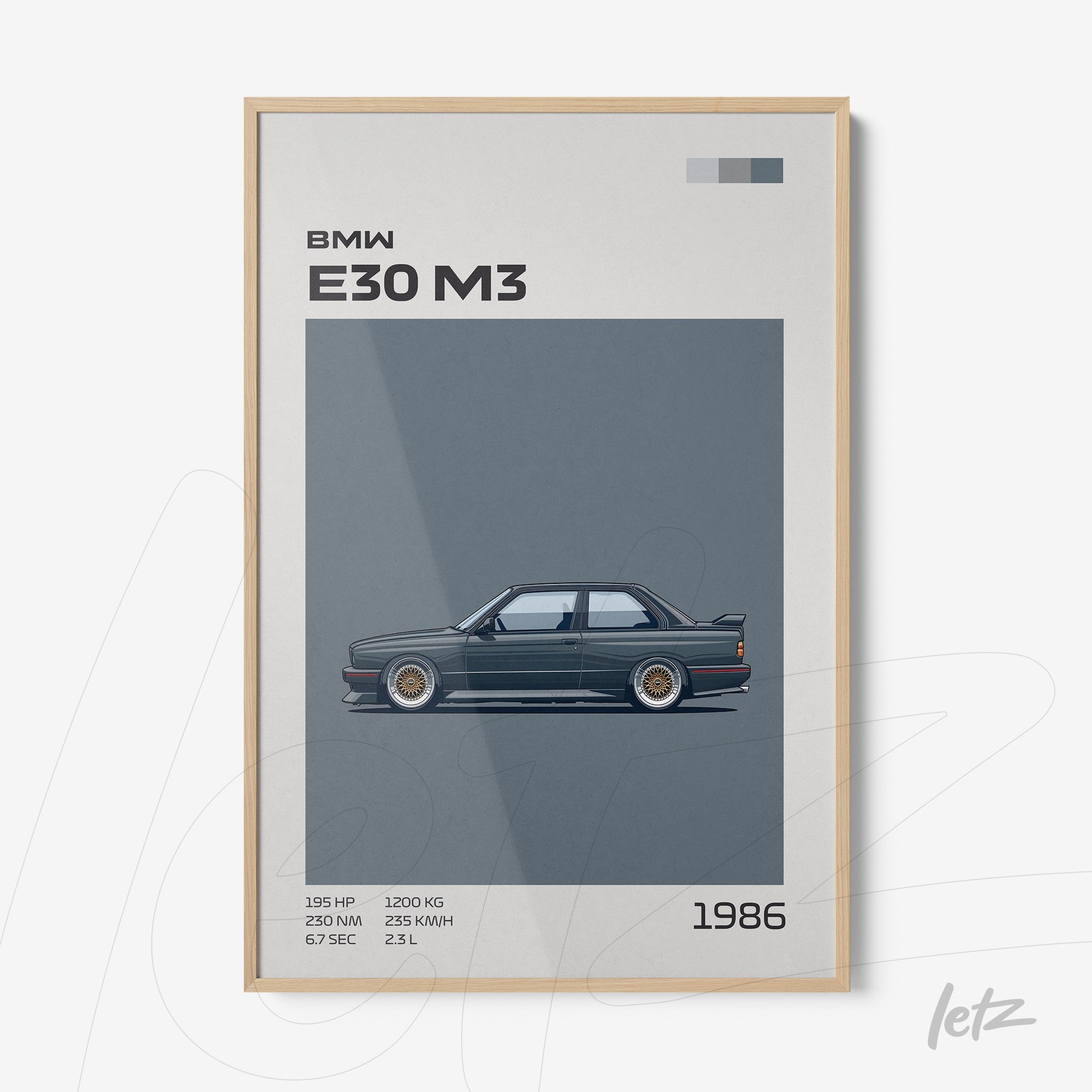 framed minimalist art of BMW E30 M3 with light frame and gray background