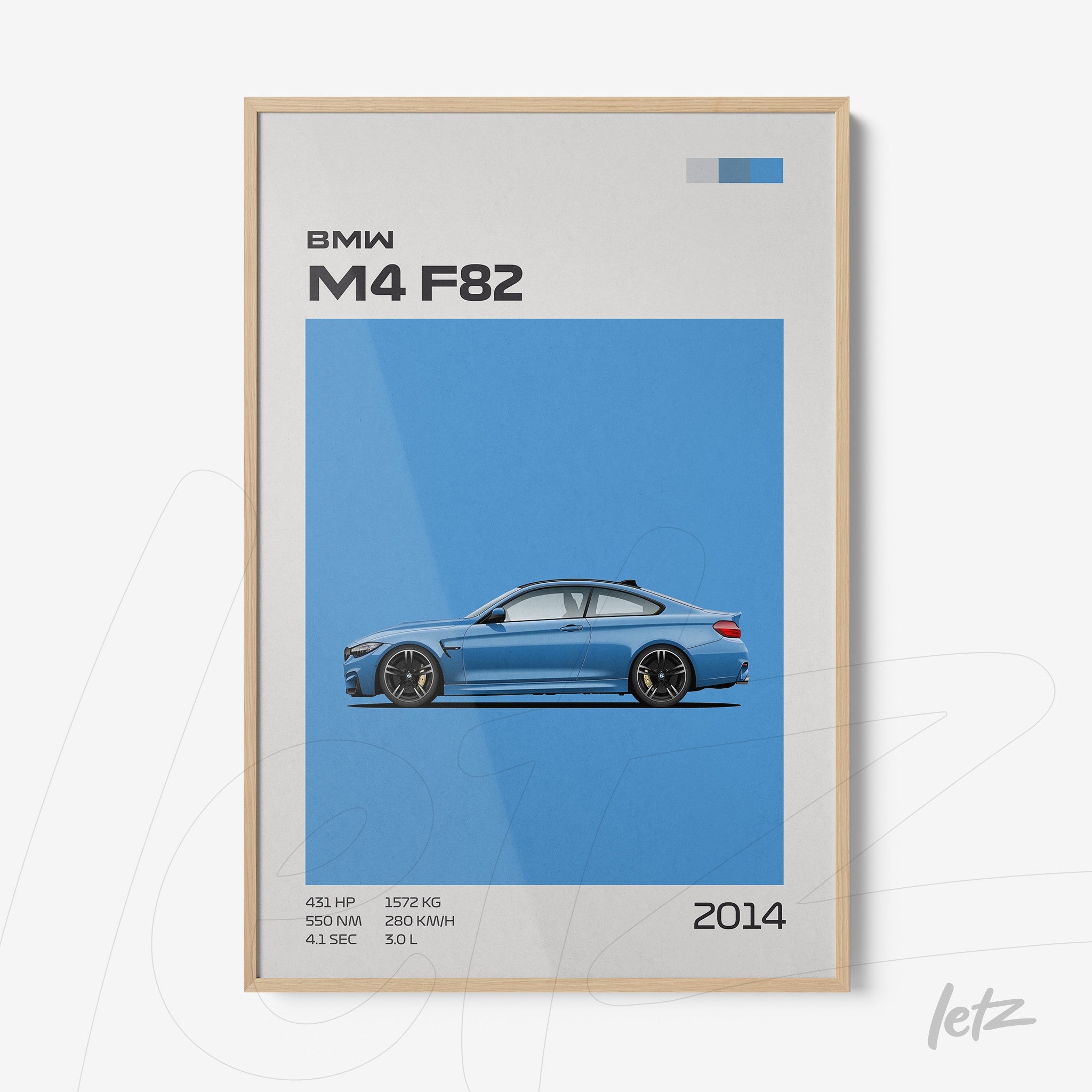modern wall art featuring BMW M4 F82 in blue background with light wood frame