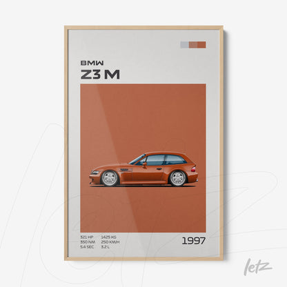 framed art featuring a stylized illustration of the 1997 BMW Z3M with a light wood frame