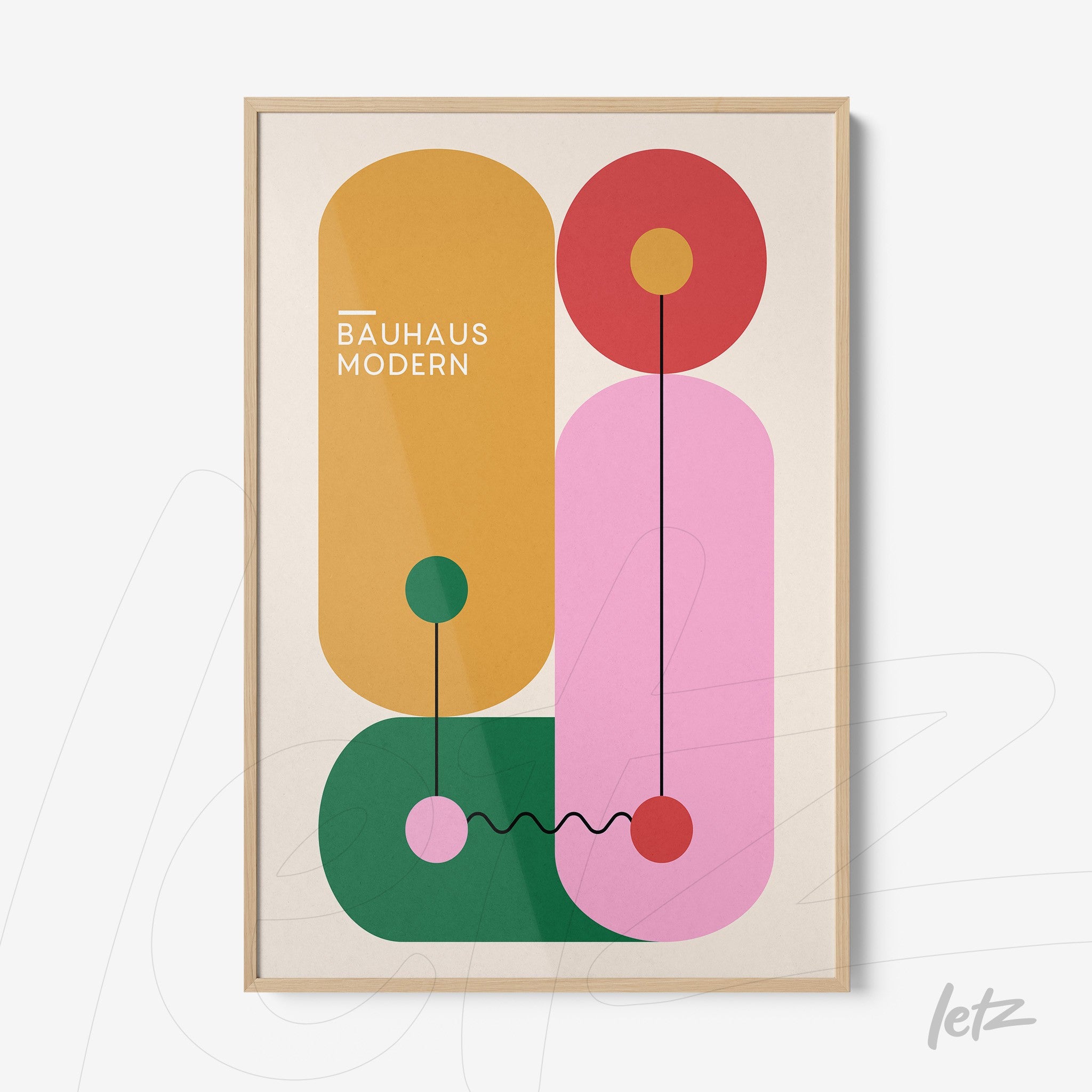 poster print of colorful geometric shapes in modern bauhaus style with light wooden frame