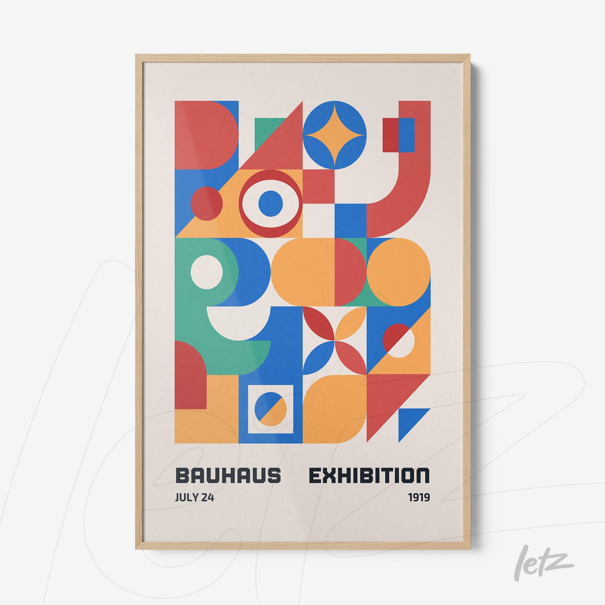 poster print featuring colorful geometric art in a light wood frame