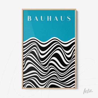 poster featuring black and white wavy pattern with bauhaus text, framed in light wooden frame