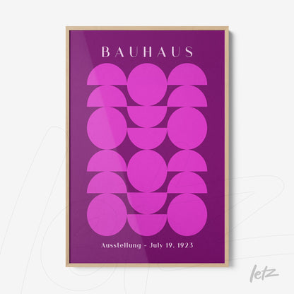 poster featuring an abstract geometric Bauhaus design in pink and purple hues with a light frame
