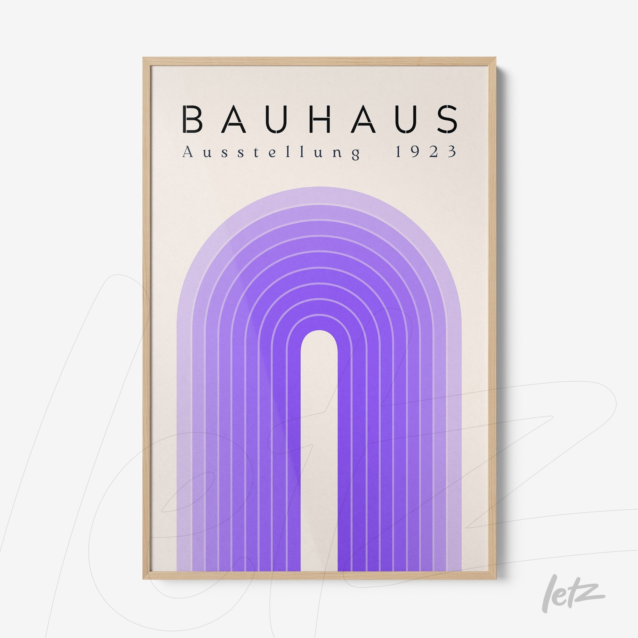 poster featuring a lilac geometric arch design with black text on top, light wood frame