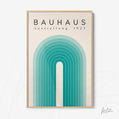poster featuring geometric bauhaus-inspired design in blue and green tones with a light frame