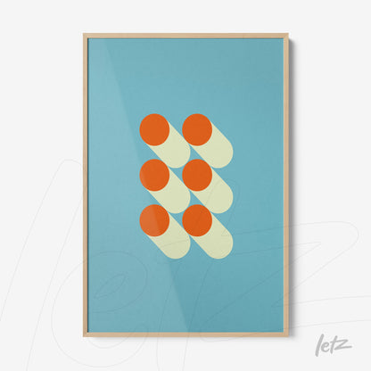 poster featuring geometric art of orange circles on a blue background with light wooden frame