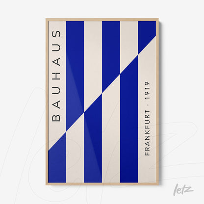 poster featuring abstract blue and white art with light wood frame