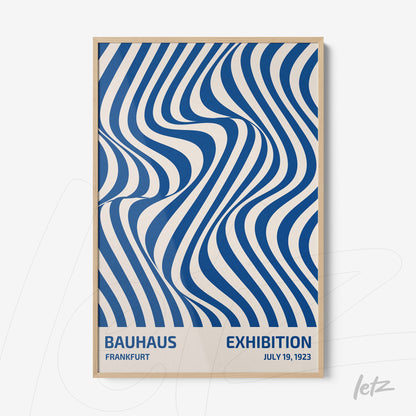 poster print featuring Bauhaus movement with wavy geometric design in blue and white, displayed in light wood frame
