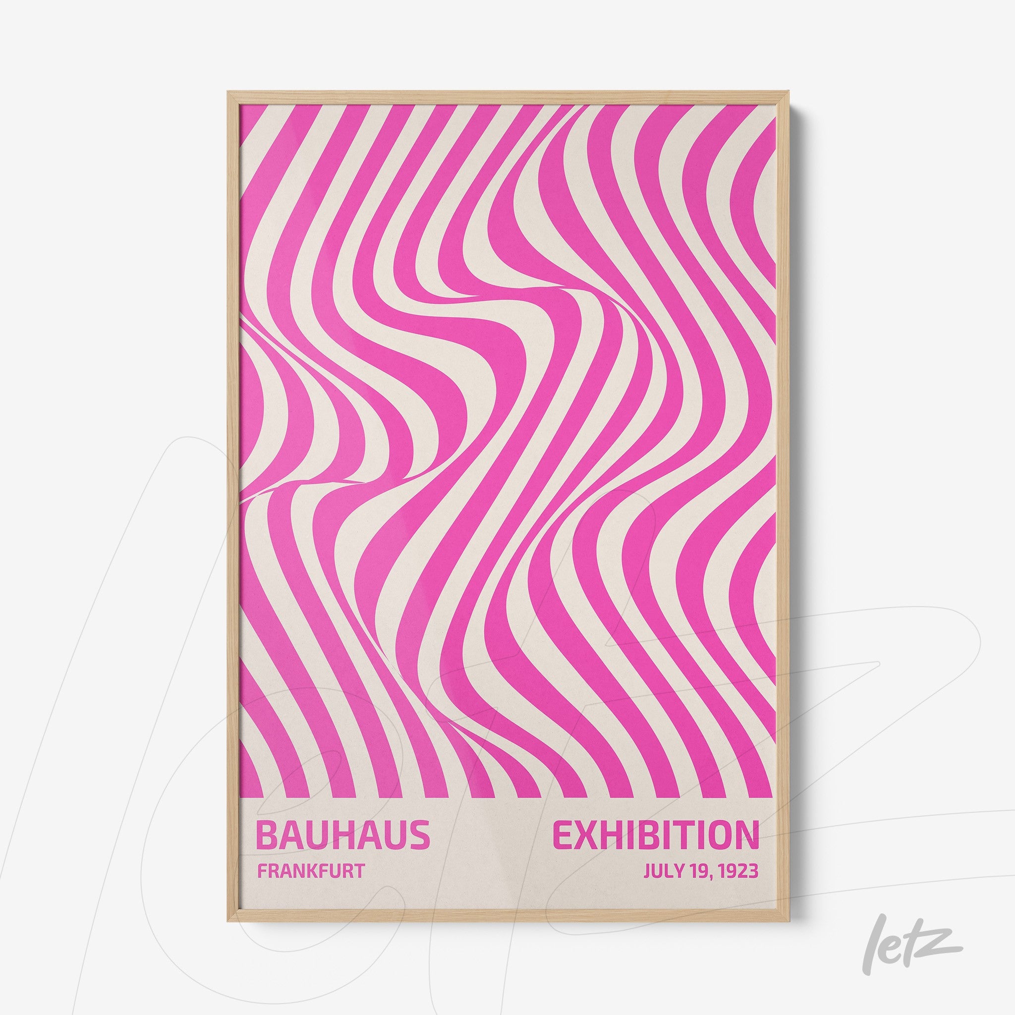 poster print featuring pink wavy geometric pattern with 'bauhaus exhibition' text on light beige background in wooden frame