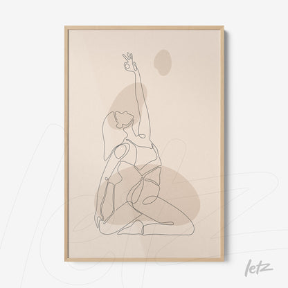 poster of a continuous line drawing of a woman in yoga pose with light wood frame