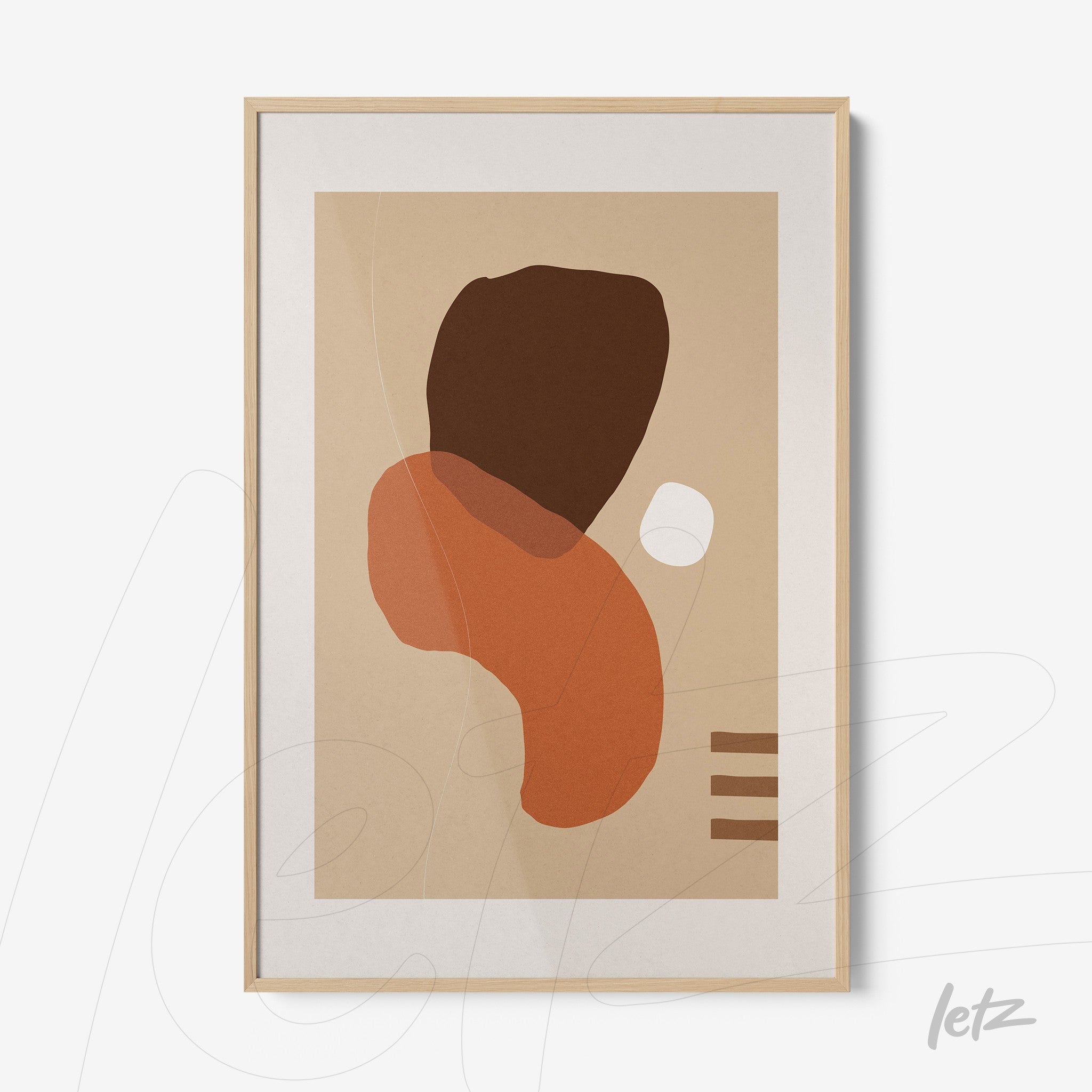 abstract poster with organic shapes in earthy tones and light wood frame