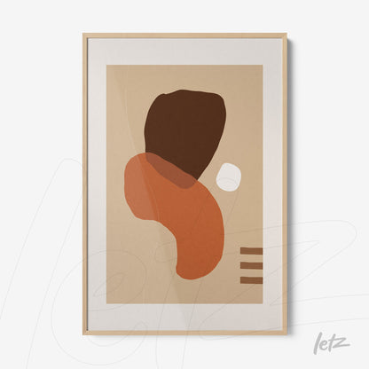 abstract poster with organic shapes in earthy tones and light wood frame