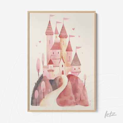 framed wall art featuring a pink castle illustration in a whimsical style
