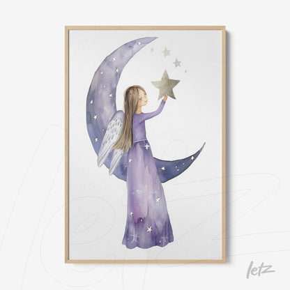 framed artwork of a girl with angel wings reaching for a star against a purple crescent moon background
