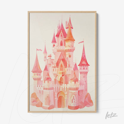 framed artwork featuring a pastel castle illustration with light wooden frame and gentle background