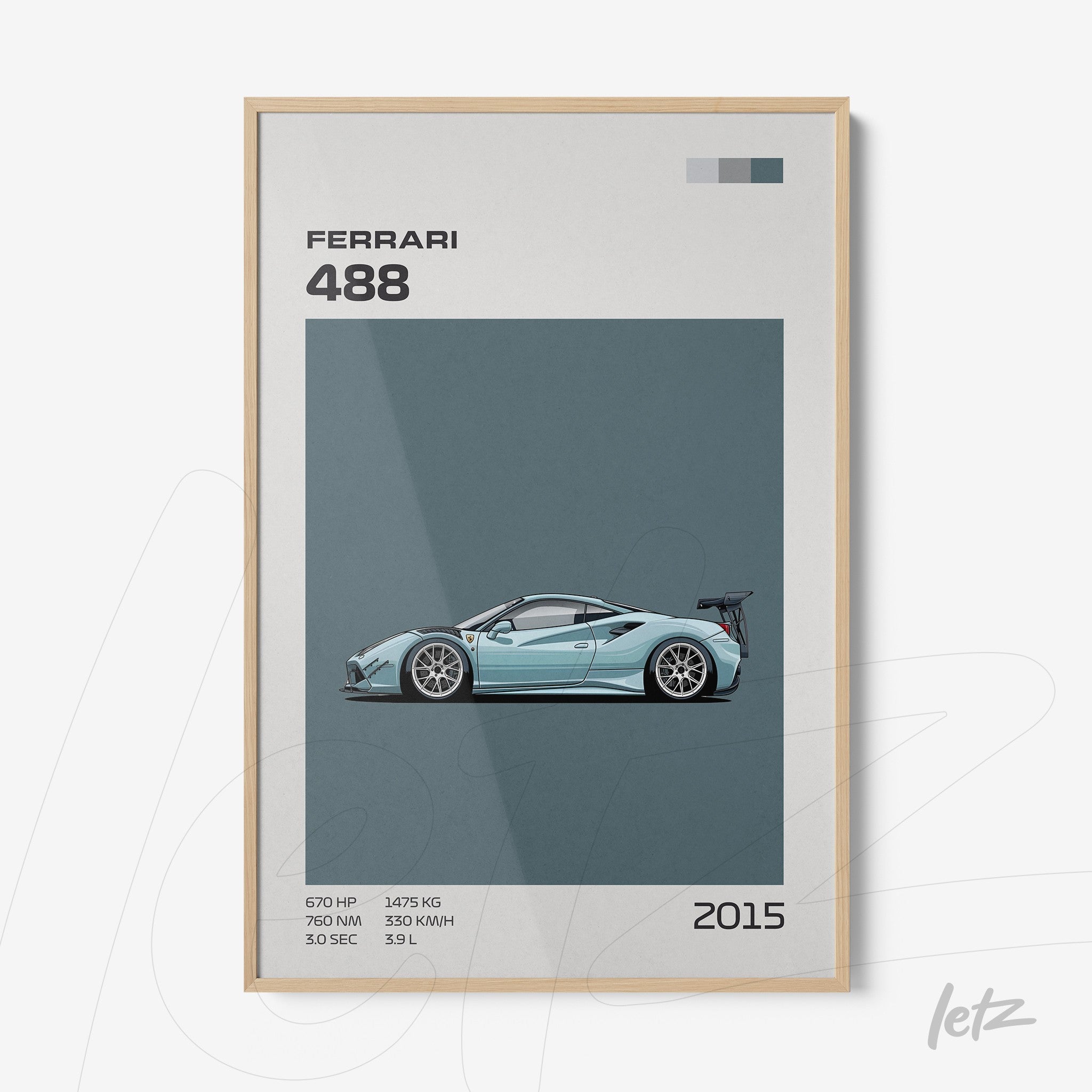 framed graphic art of the Ferrari 488 car with light wood frame and gray-blue background