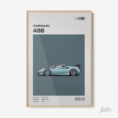framed graphic art of the Ferrari 488 car with light wood frame and gray-blue background