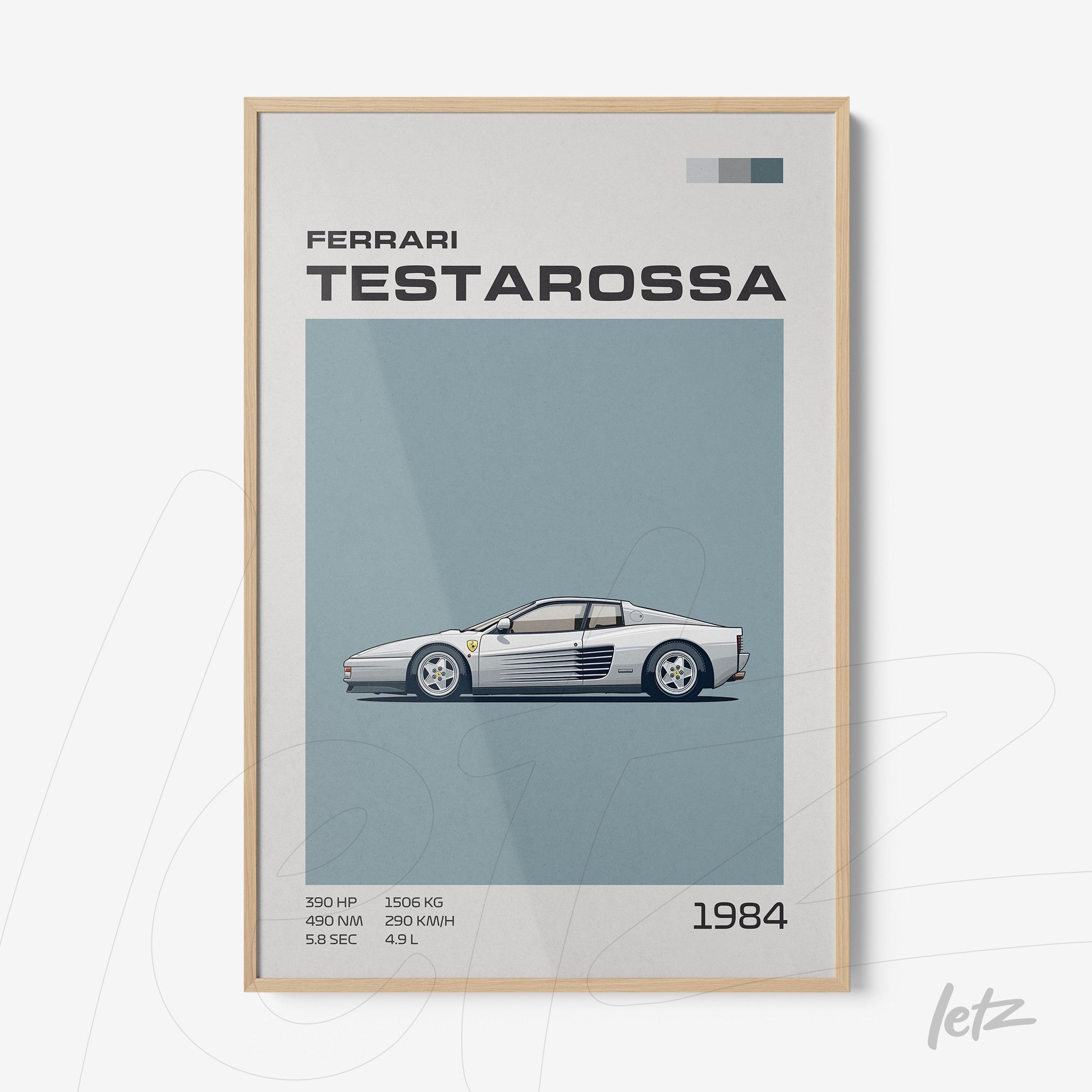 framed artwork featuring a graphic illustration of a Ferrari Testarossa with a light blue background and a light wood frame