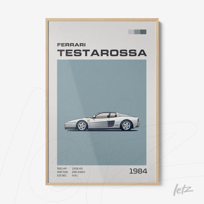 framed artwork featuring a graphic illustration of a Ferrari Testarossa with a light blue background and a light wood frame