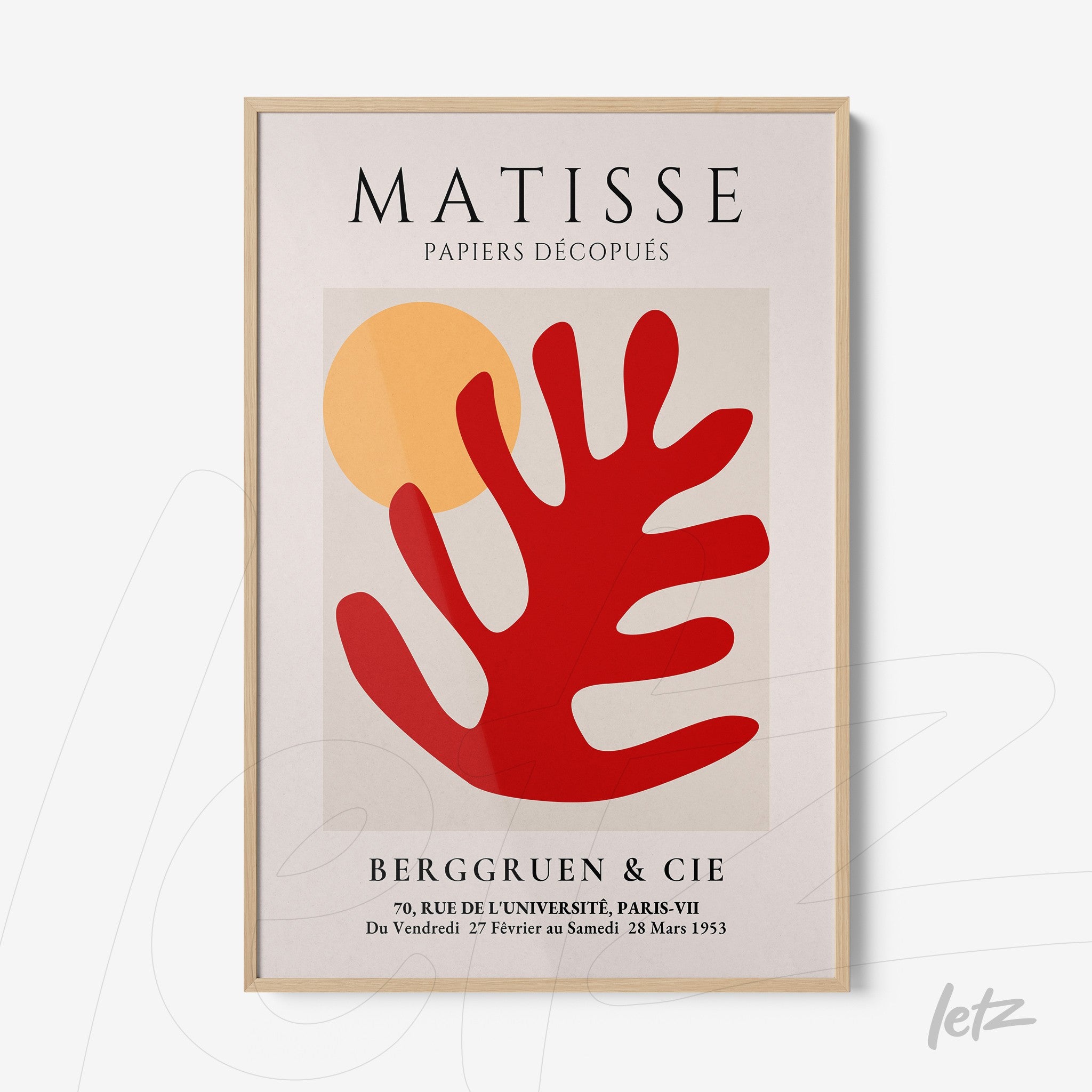 framed art print inspired by Matisse with abstract red and yellow shapes on light background in light wood frame