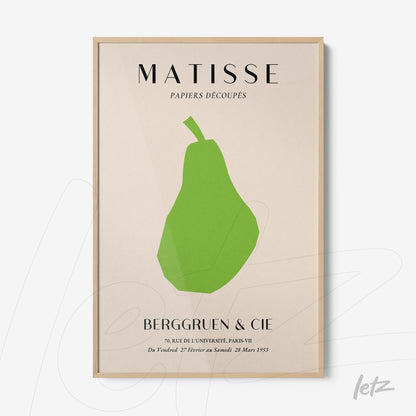 framed wall art featuring a minimalist green pear on light background with light wood frame