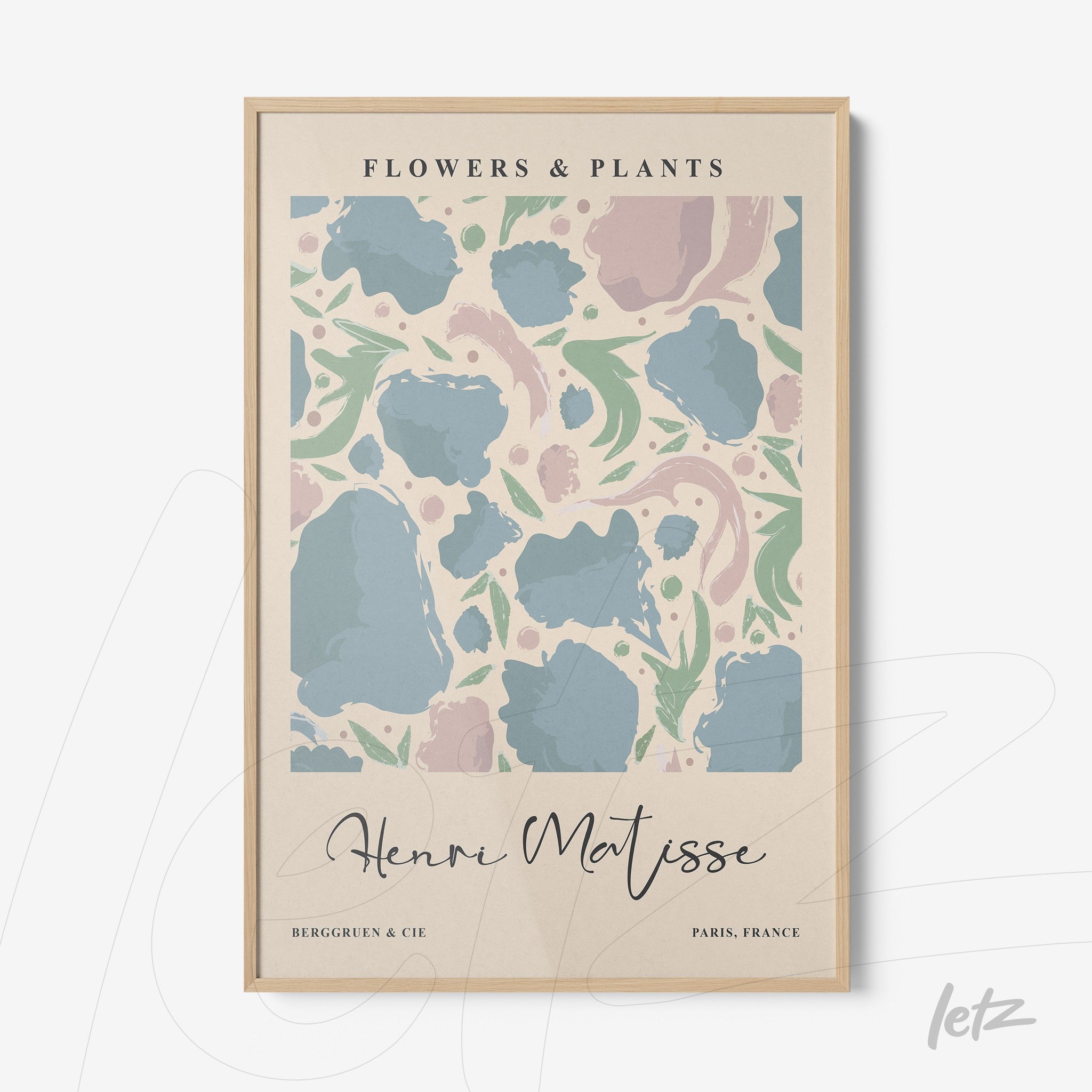 framed wall art featuring abstract flowers and plants design in light wooden frame