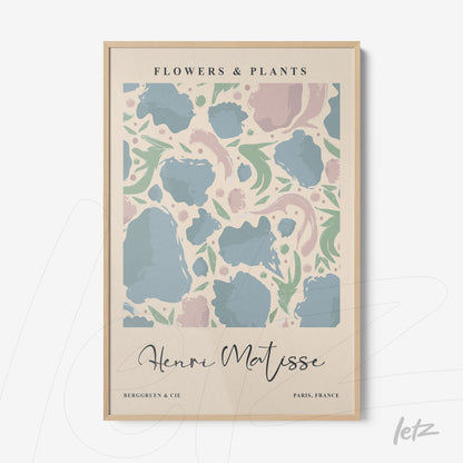 framed wall art featuring abstract flowers and plants design in light wooden frame