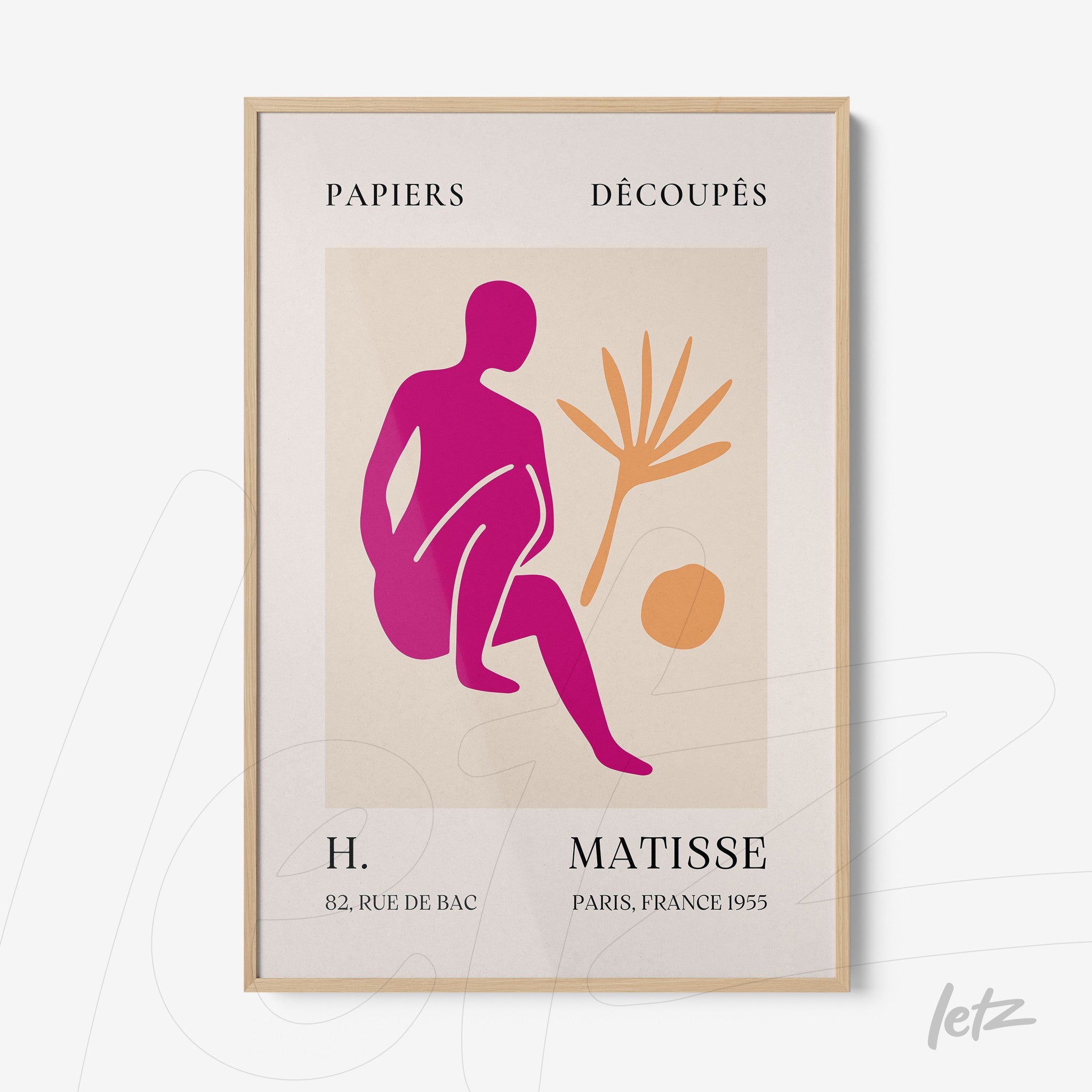 light framed artwork featuring an abstract human figure in pink and purple shades next to a plant and a circle, with vintage style text