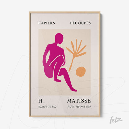 light framed artwork featuring an abstract human figure in pink and purple shades next to a plant and a circle, with vintage style text