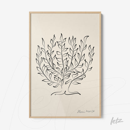framed wall art featuring minimalist leaf design with light wood frame