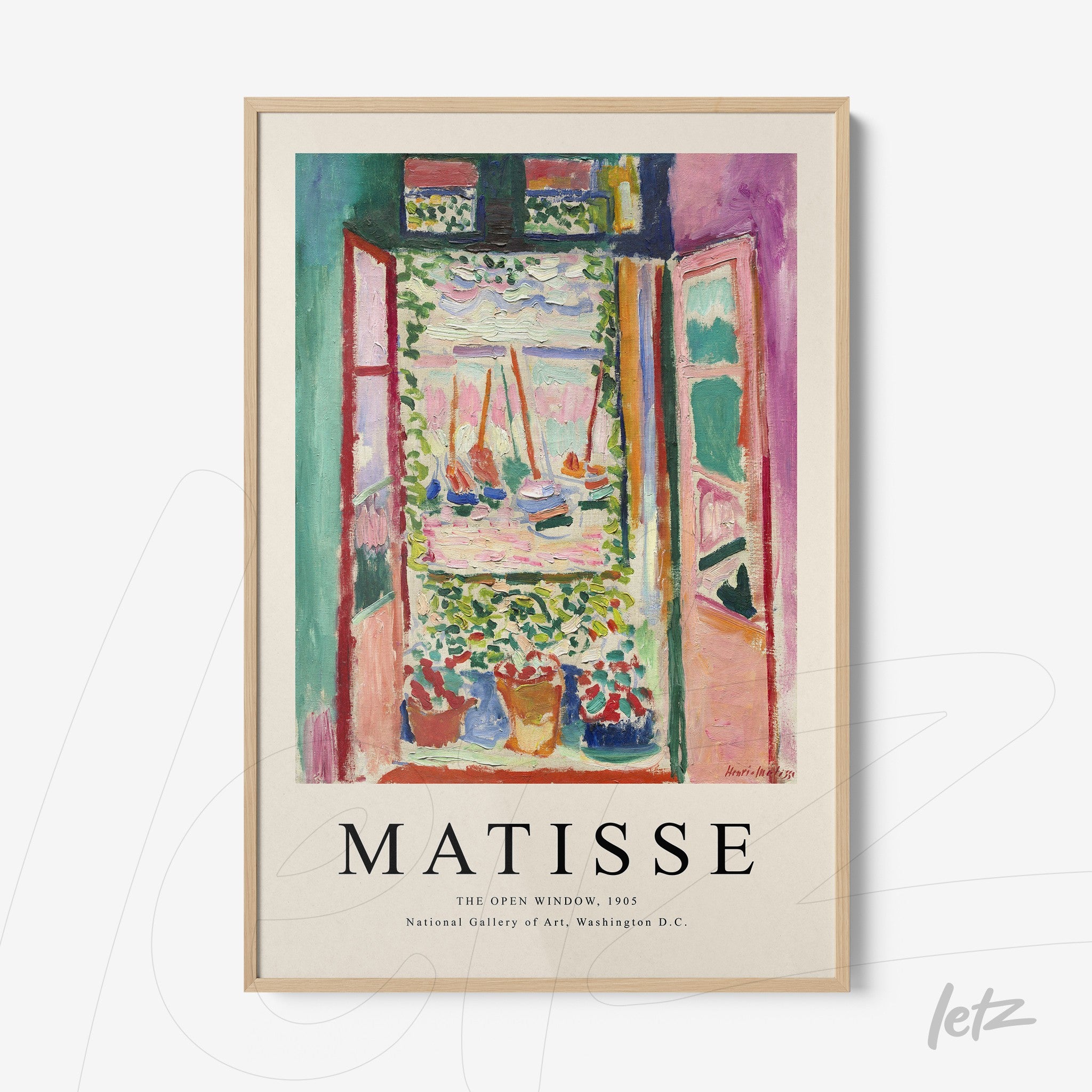 framed artwork featuring a vibrant depiction of an open window surrounded by colorful flowers