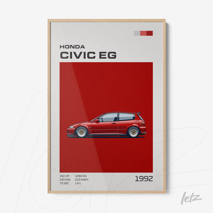 framed artwork of red Honda Civic EG on a solid red background with light frame