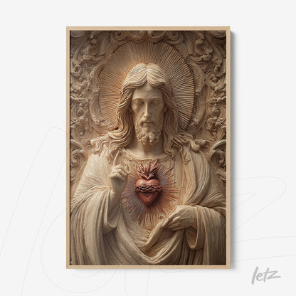 framed wall art featuring a detailed relief sculpture of Jesus Christ with the Sacred Heart