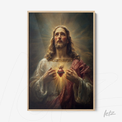 framed wall art featuring a classical depiction of Jesus Christ in a religious pose with a lighted background