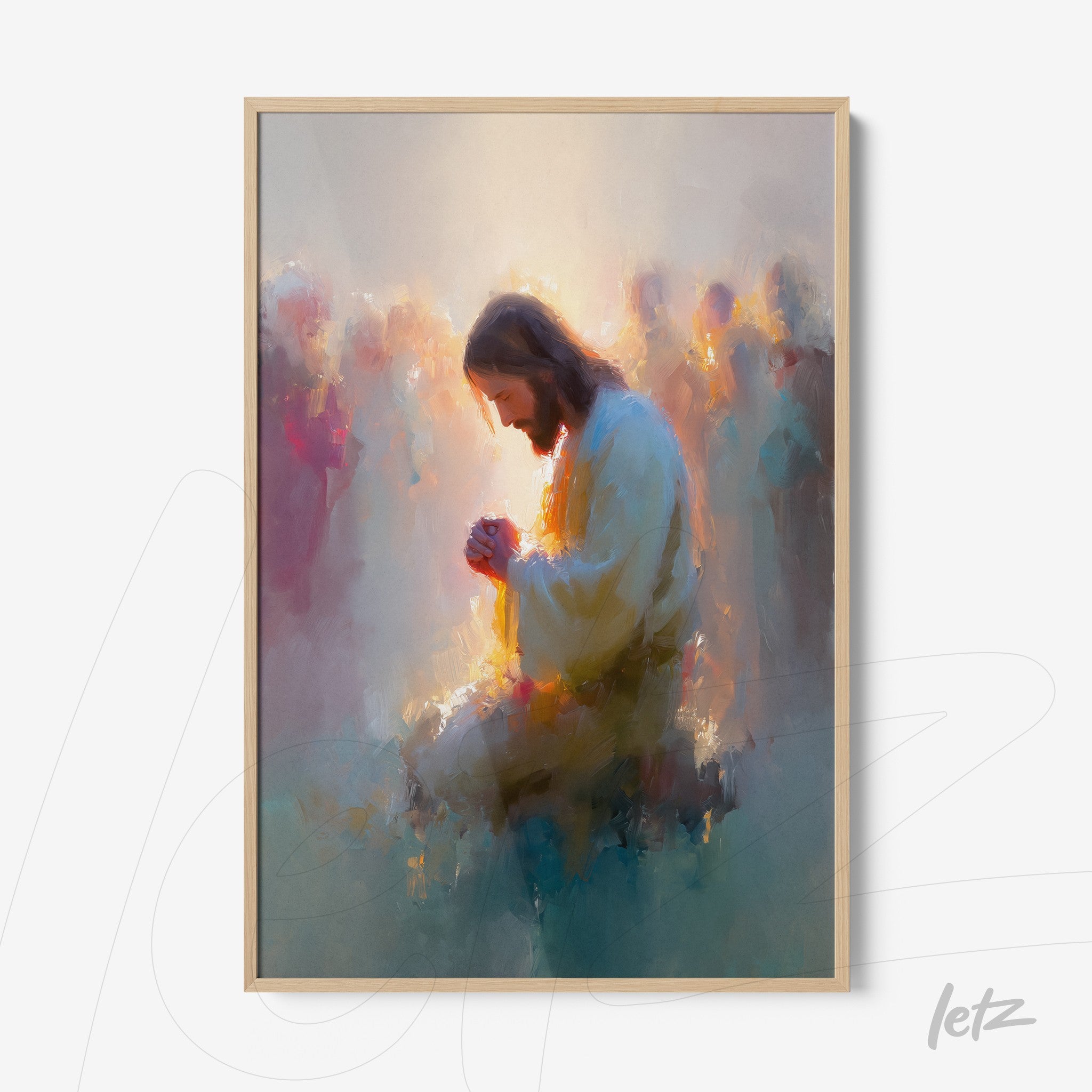 framed impressionist art of jesus in prayer surrounded by a soft halo of light with a light wood frame