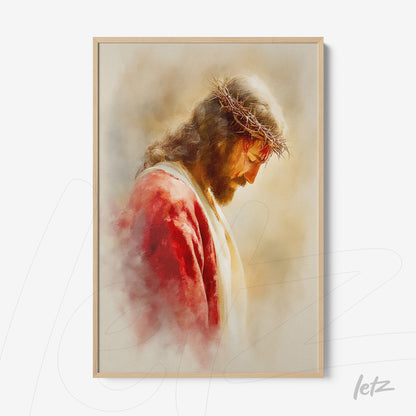 framed art depicting jesus christ with a crown of thorns featuring a light wooden frame