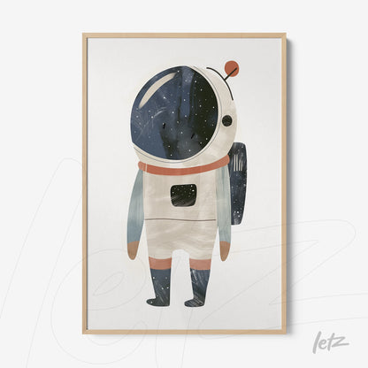 framed art featuring a soft-style astronaut illustration with a light-colored frame