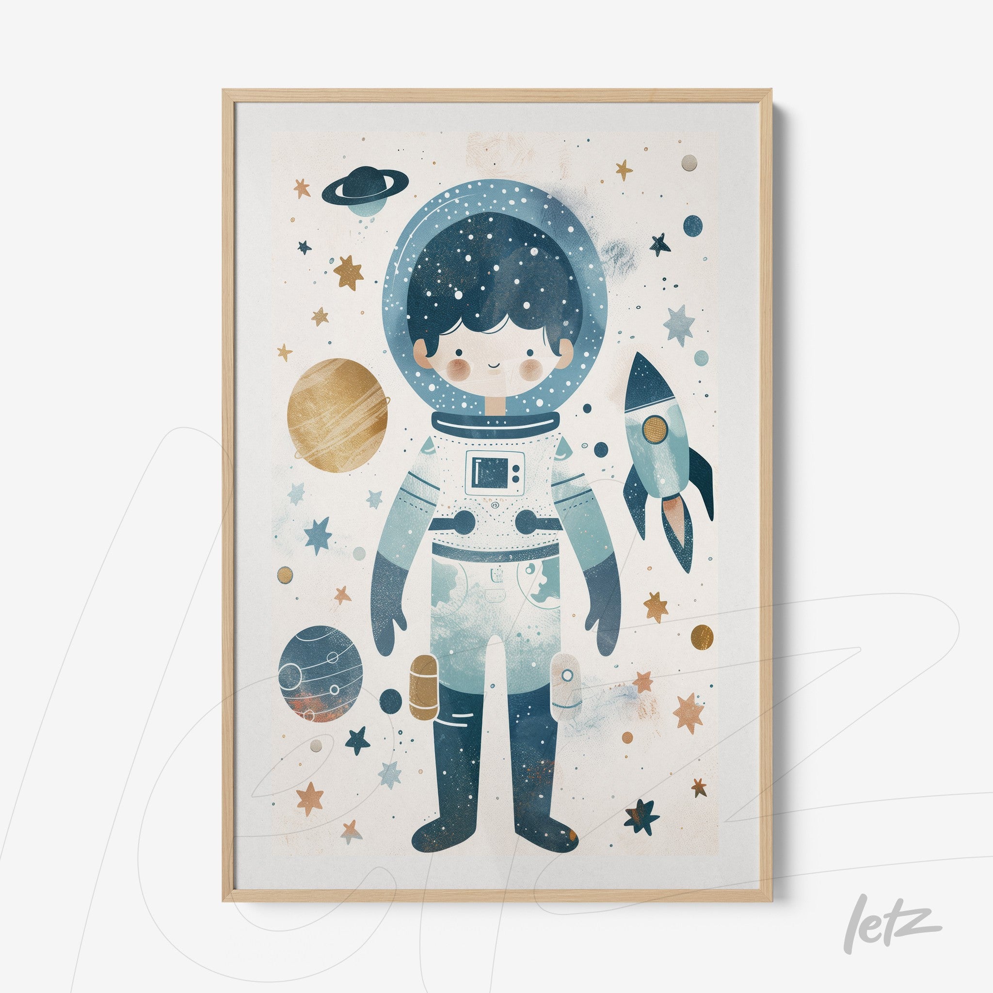 framed artwork featuring a cute astronaut surrounded by colorful planets and a rocket in a cosmic background