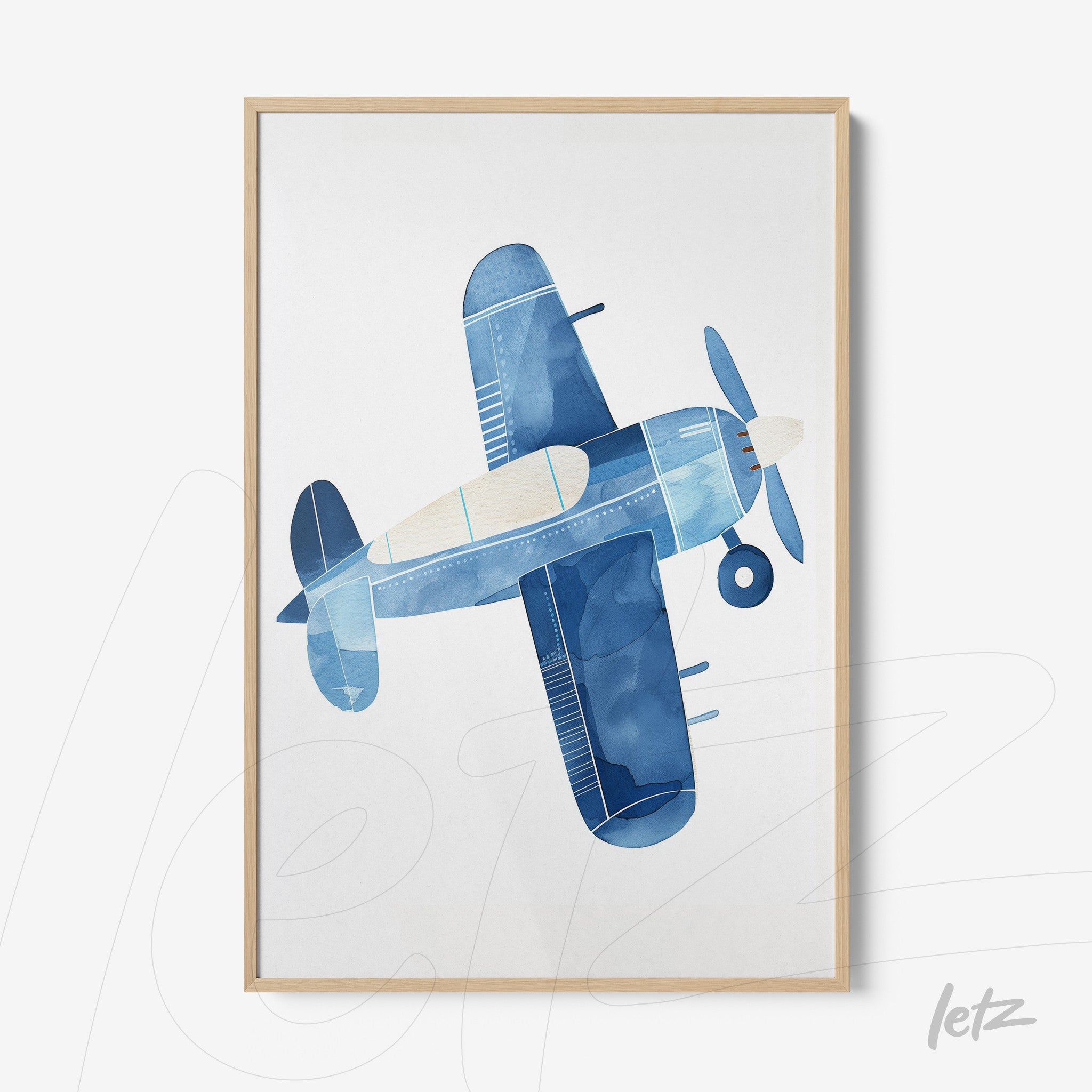 framed wall art featuring a top view illustration of a blue airplane in light frame